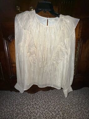 Marie Oliver Ivory Sequin-Stripe Ruffle Blouse